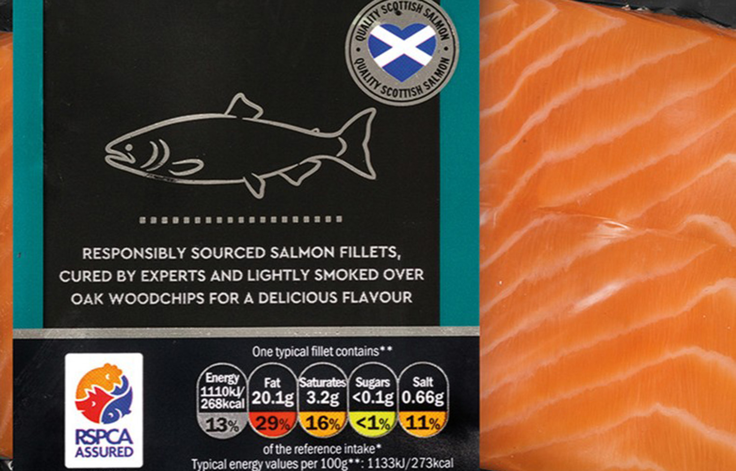 The RSPCA Assured logo on a package of smoked salmon.