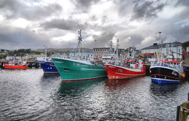 A fleet of Irish fishing boats sitting at the dock.