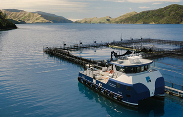 A workboat at a net pen operated by New Zealand King Salmon