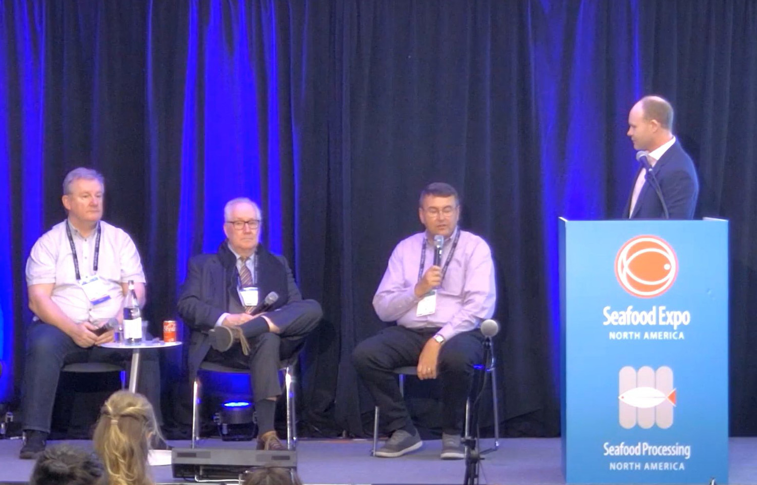 Culimer USA CEO Michael McNicholas, True World Group President Robert Bleu, Blue Ocean Mariculture CEO Dick Jones, and National Fisheries Institute Senior Market Analyst and Director of Programs Richard Barry during the SENA Panel: The NFI Sushi Council: A Pre-Competitive Collaboration for Food Safety