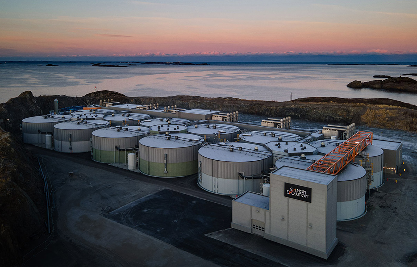 An aerial view of Salmon Evolution's facility at Indre Harøy, Norway