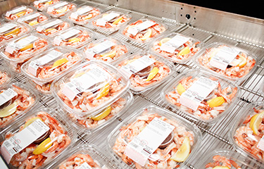 A view of a refrigerated display of packaged shrimp cocktail in Washington, U.S.A.