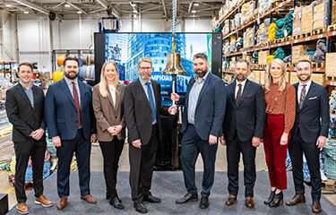 Staff of the Hampidjan Group during the announcement it has begun trading on Nasdaq Iceland