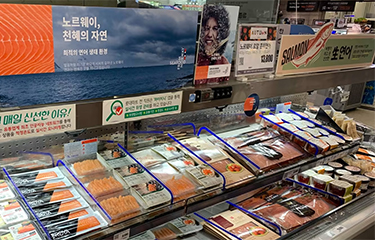Norwegian salmon on display in an Asian market.