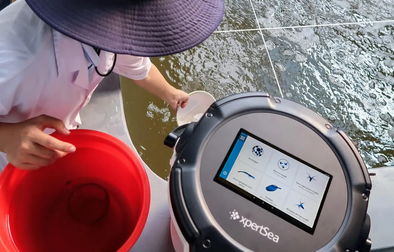 A photo of a fish farmer using XpertSea's XperCount technology, which offers an accurate count of microorganisms, such as fish or shrimp larvae, in a pond in just seconds.