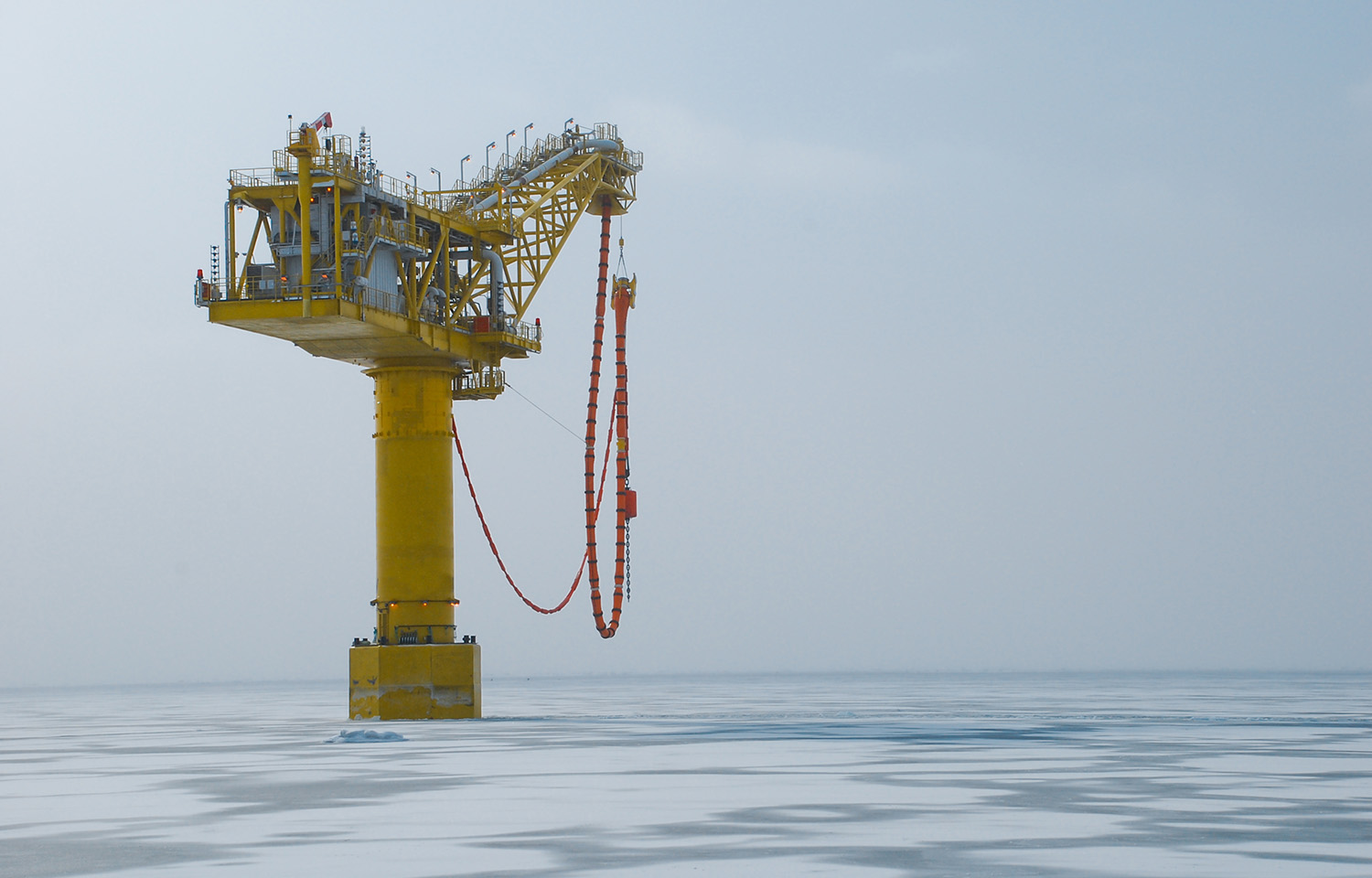 A natural gas tanker filling rig in the Arctic near Russia