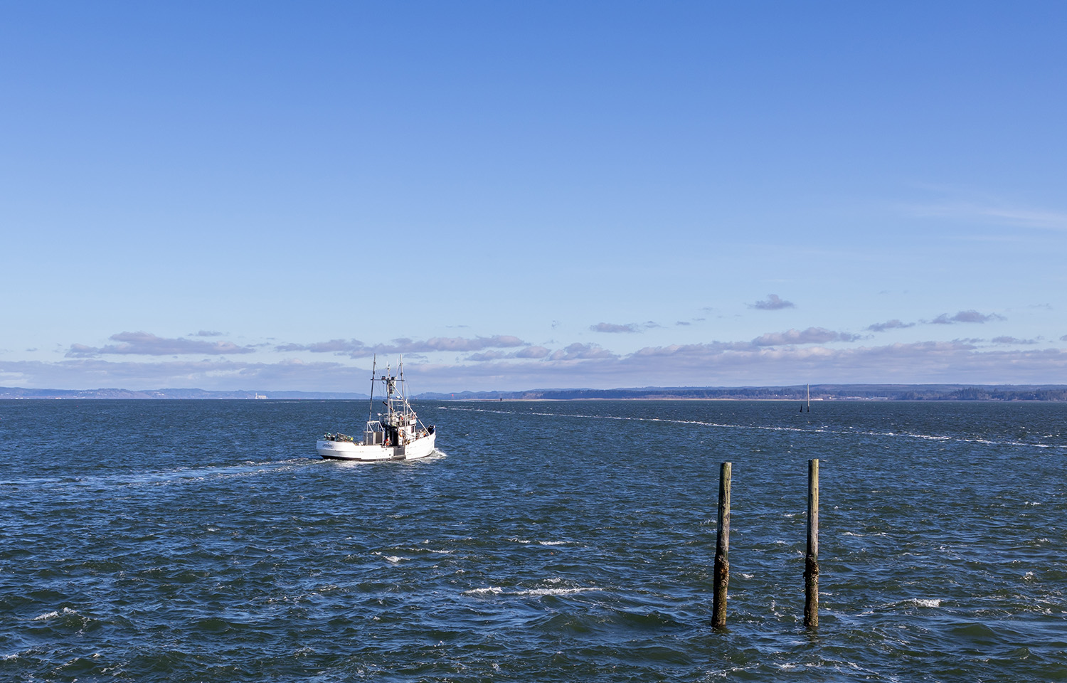 A fishing trawler returns to port
