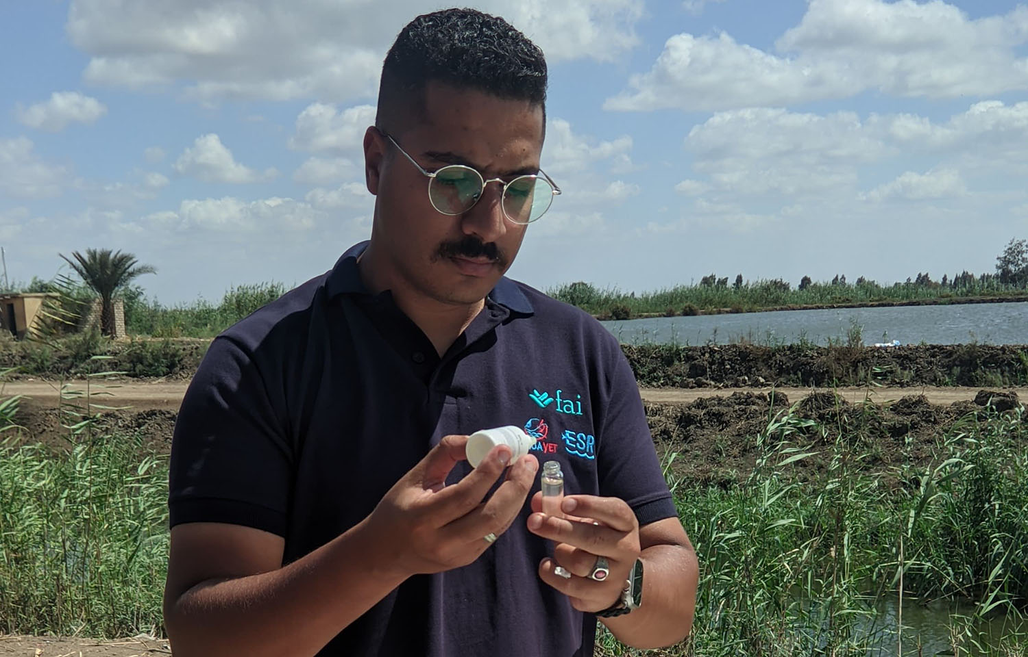 A Tilapia Welfare Egypt Project employee conducts a welfare assessment at an Egyptian Nile tilapia farm