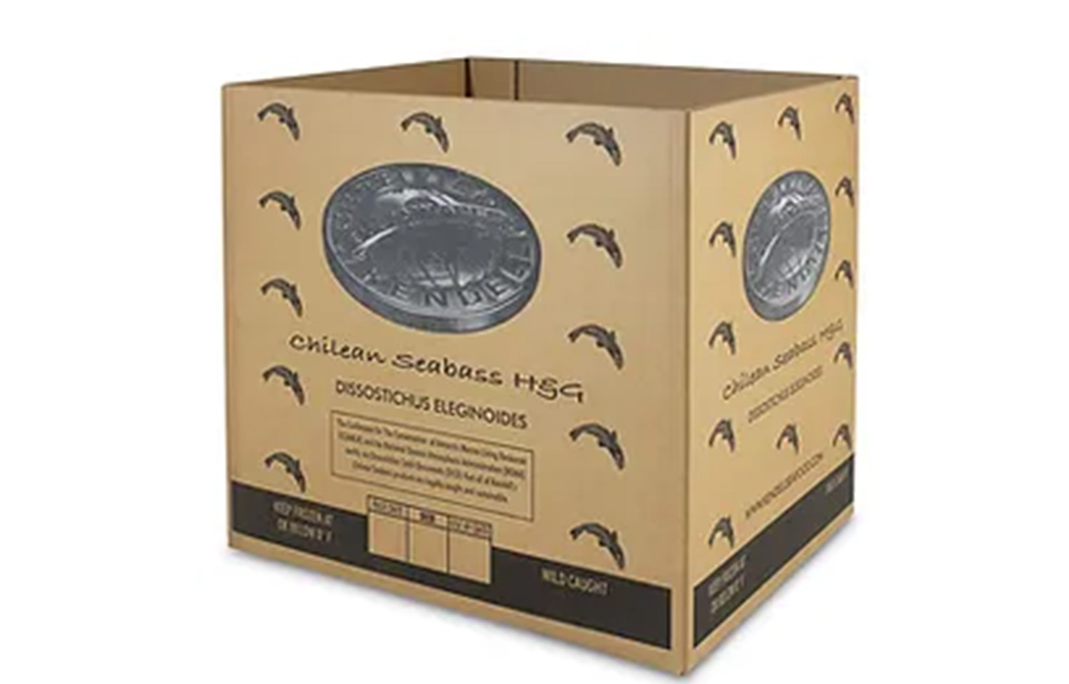 A box of Kendell Safood Imports Chilean sea bass
