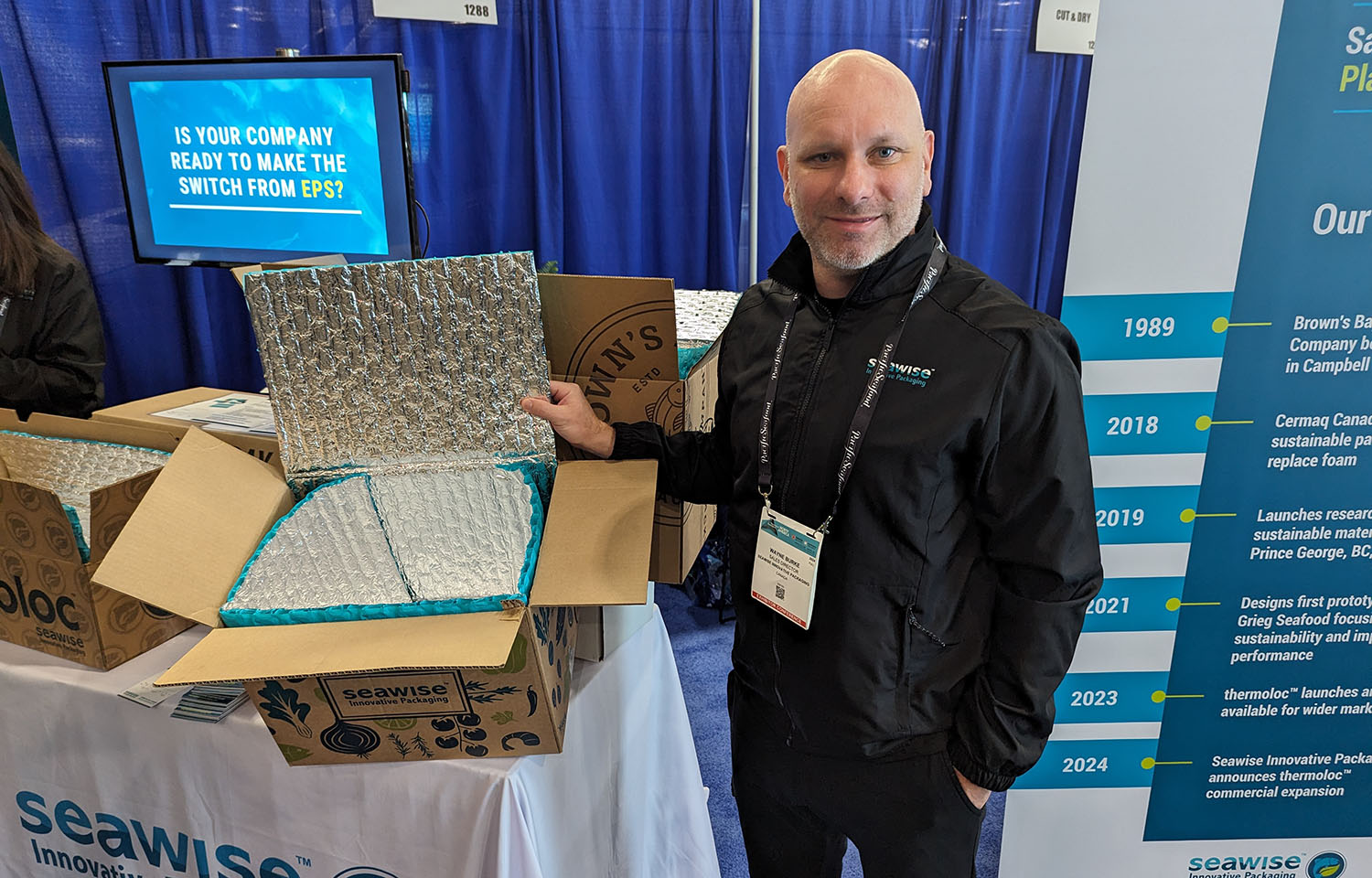 Seawise Sales Director Wayne Burke shows off the company's thermoloc packaging