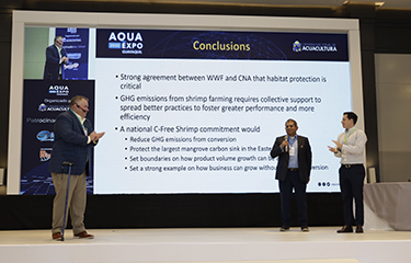 Officials with Ecuador's National Chamber of Aquaculture present the plan to reduce habitat conversion for shrimp farming.