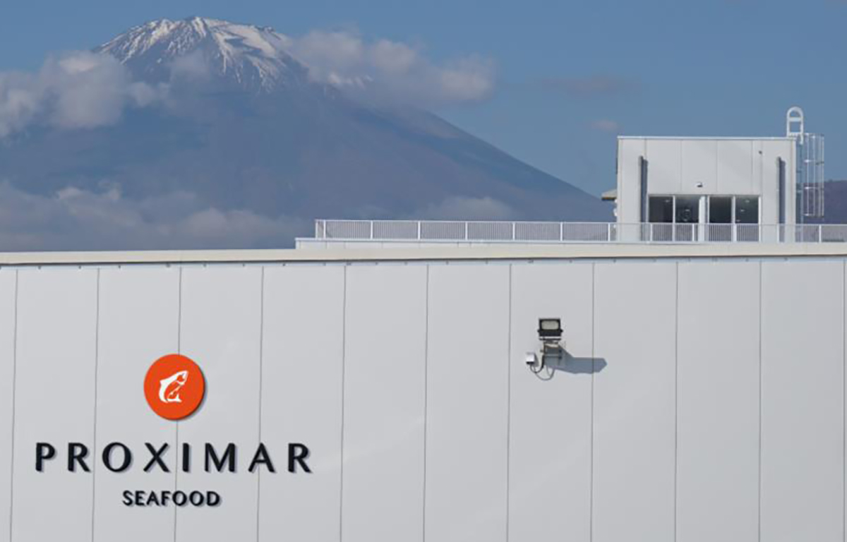 Proximar Seafood's recirculating aquaculture system facility in Yama, Shizuoka Prefecture, Japan with Mt. Fuji in the background.