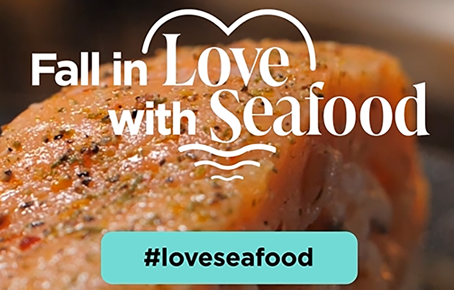 A promotional photo for Seafood Nutrition Partnership's "Fall in Love with Seafood" campaign featuring a seasoned, cooked fish fillet