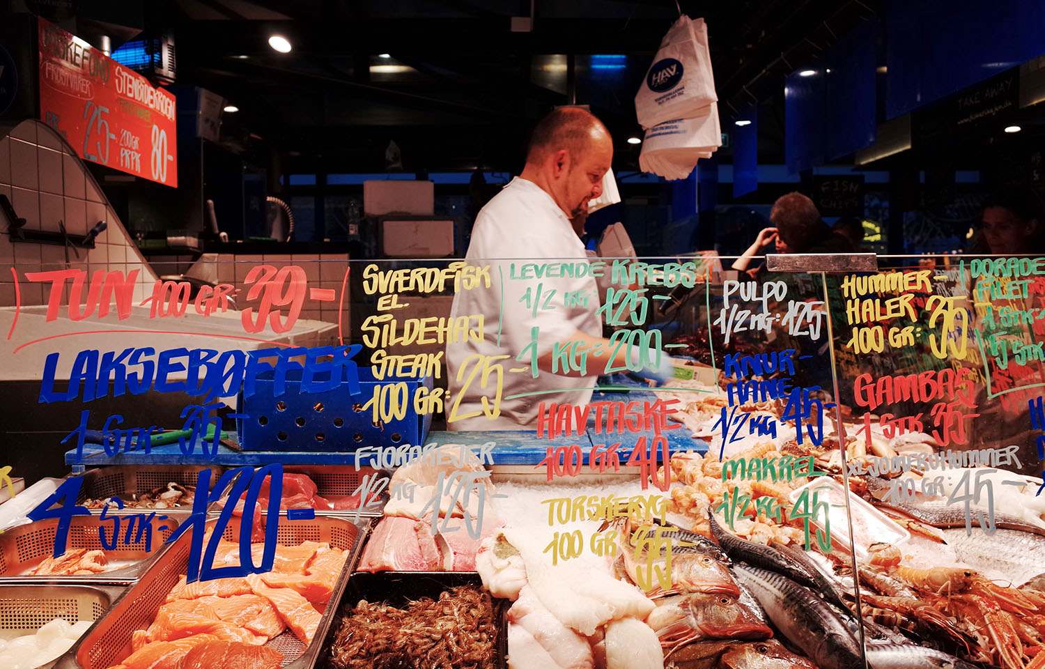 Fish market in Denmark selling Norwegian salmon and other seafood specialities