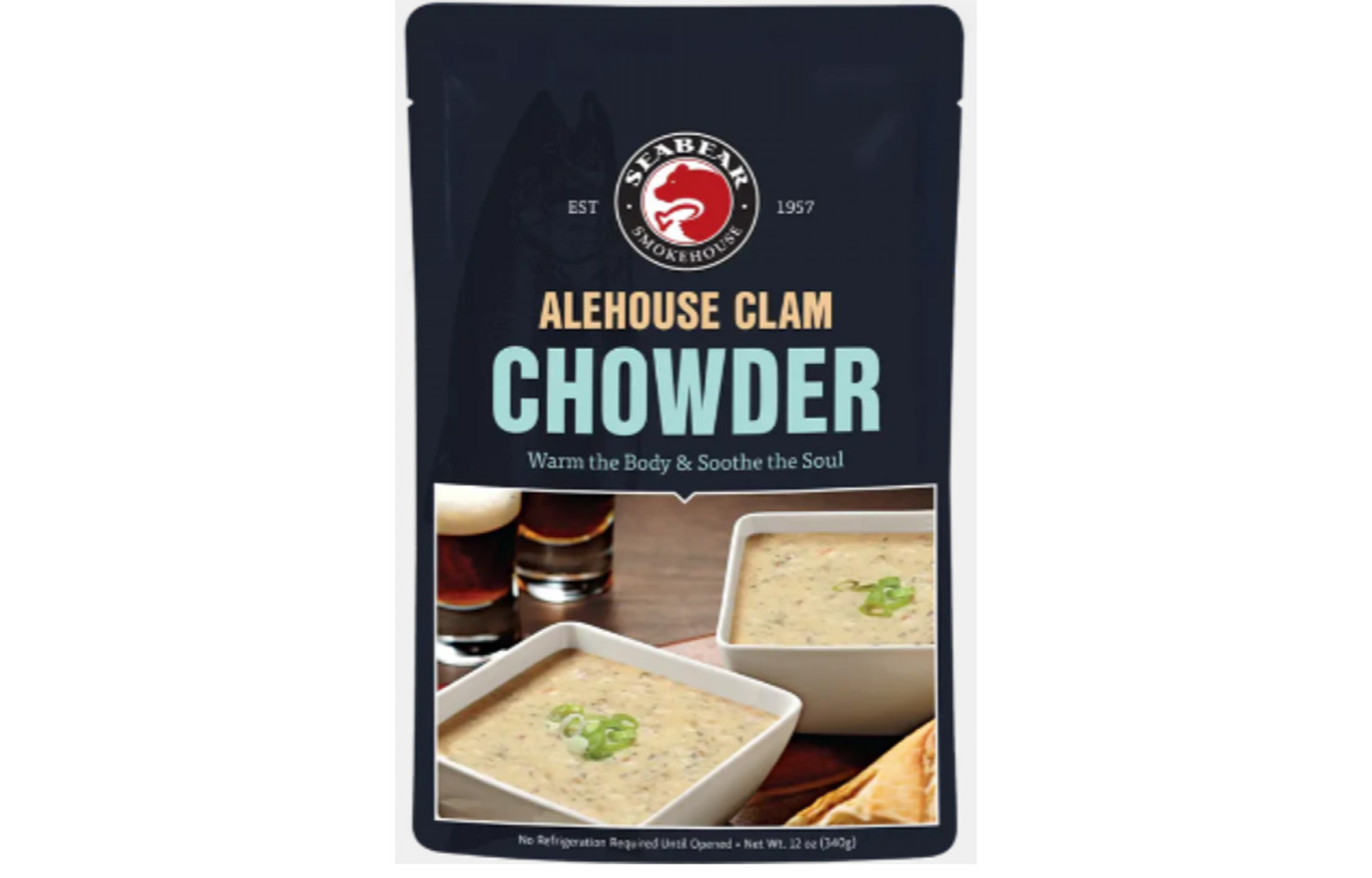 A pouch of SeaBear's Alehouse Clam Chowder