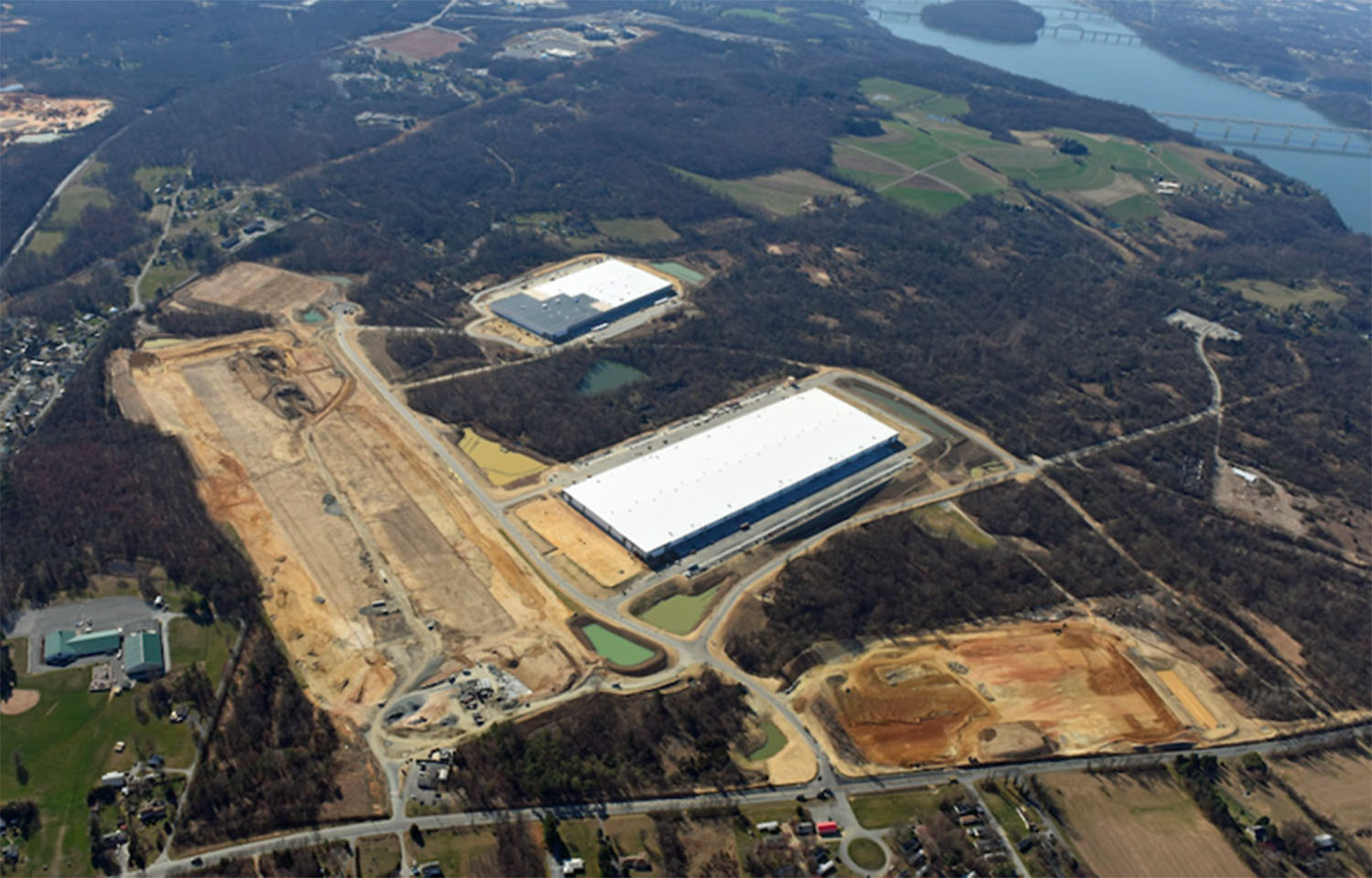 An aerial view of the proposed site for AquaCon's 20,000-metric-ton Atlantic salmon recirculating aquaculture system