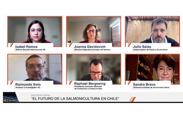 A screenshot of the six panelists that participated in the opening webinar of The Future of Salmon Farming in Chile