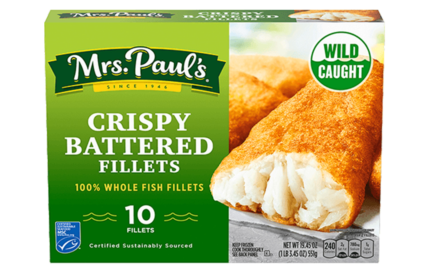 Mrs. Paul's Crisphy Battered Fillets.