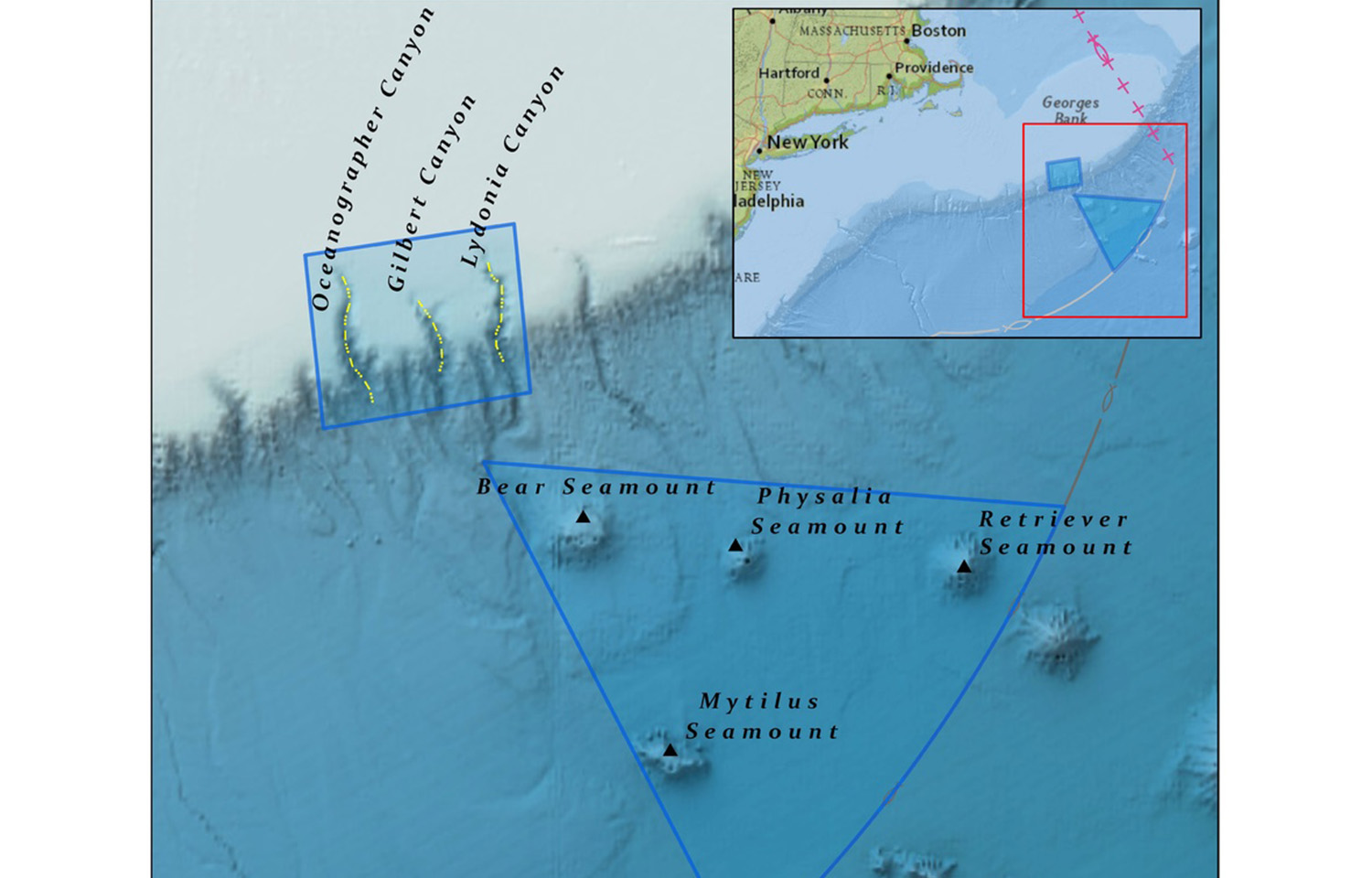A map of the Northeast Canyons and Seamounts Marine National Monument