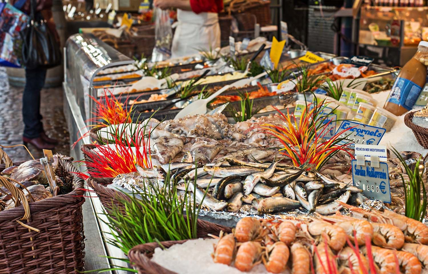 An open market in France featuring seafood