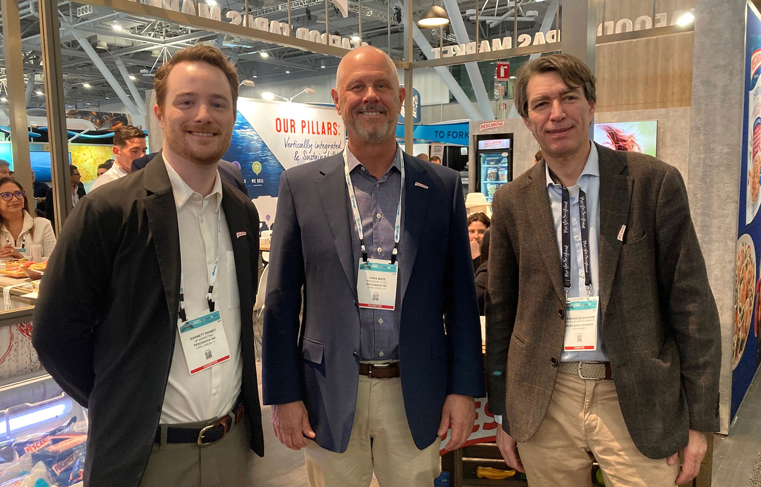 Pescanova USA Marketing Vice President Garrett Digney, Pescanova USA President and CEO Chris Maze, and Pescanova Group Vice President of Salesk, Marketing, and Innovation Fernando Zaldívar Kunz.