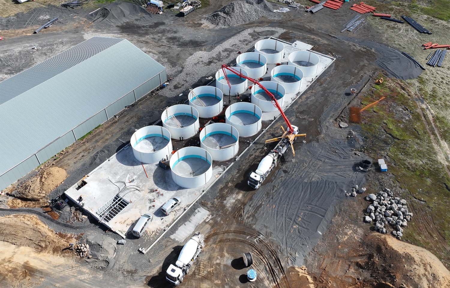 An aerial view of the growout facility Kaldvik is building, currently under construction