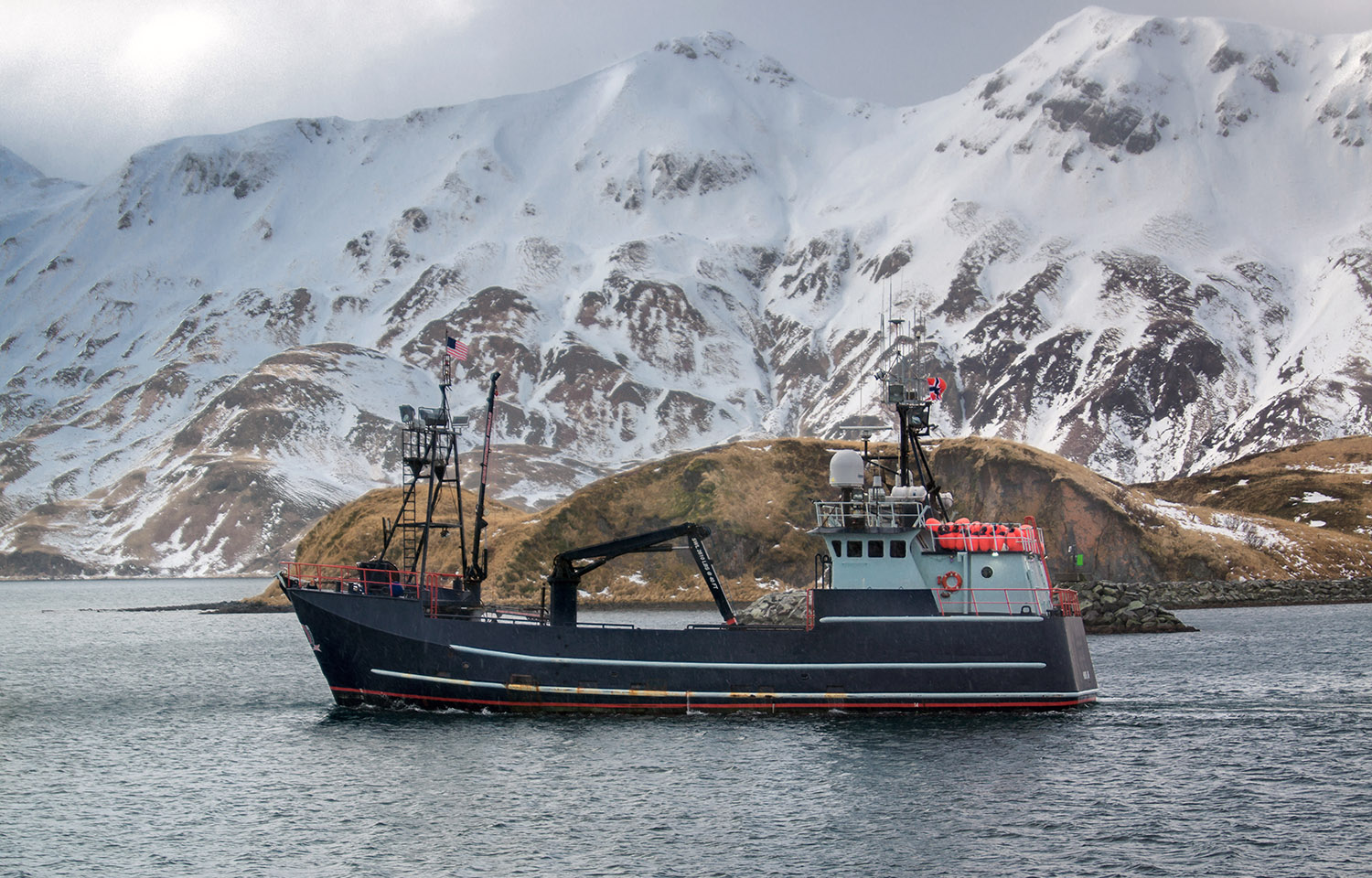 A photo of a crabbing vessel in Alaska