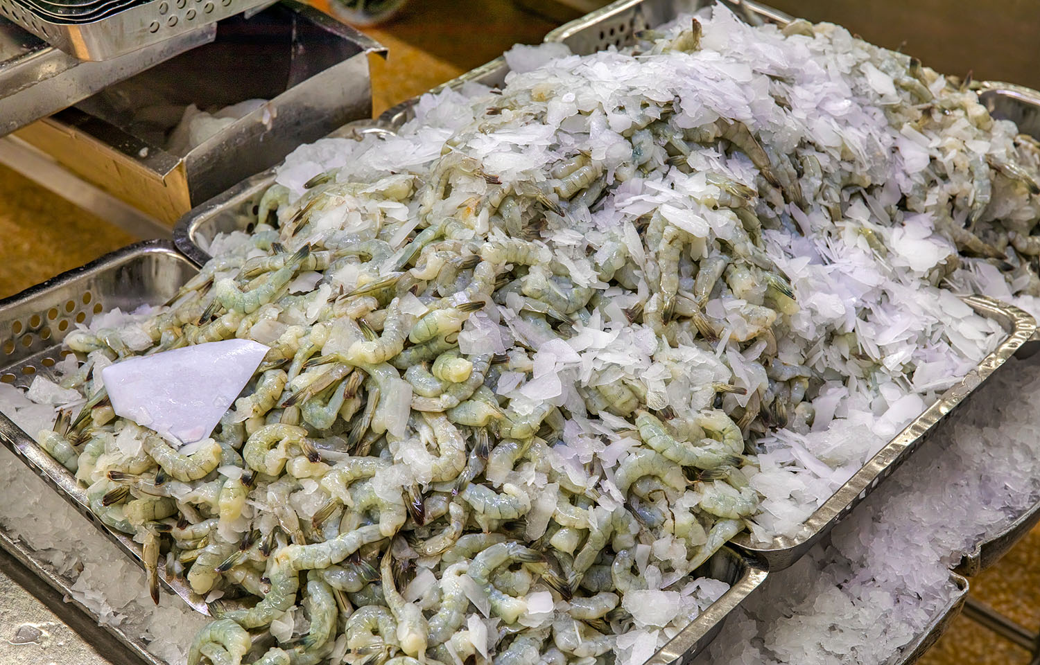A pile of frozen shrimp in a shrimp processing plant in Vietnam