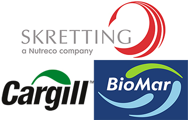 The logos for Skretting, Cargill, and BioMar