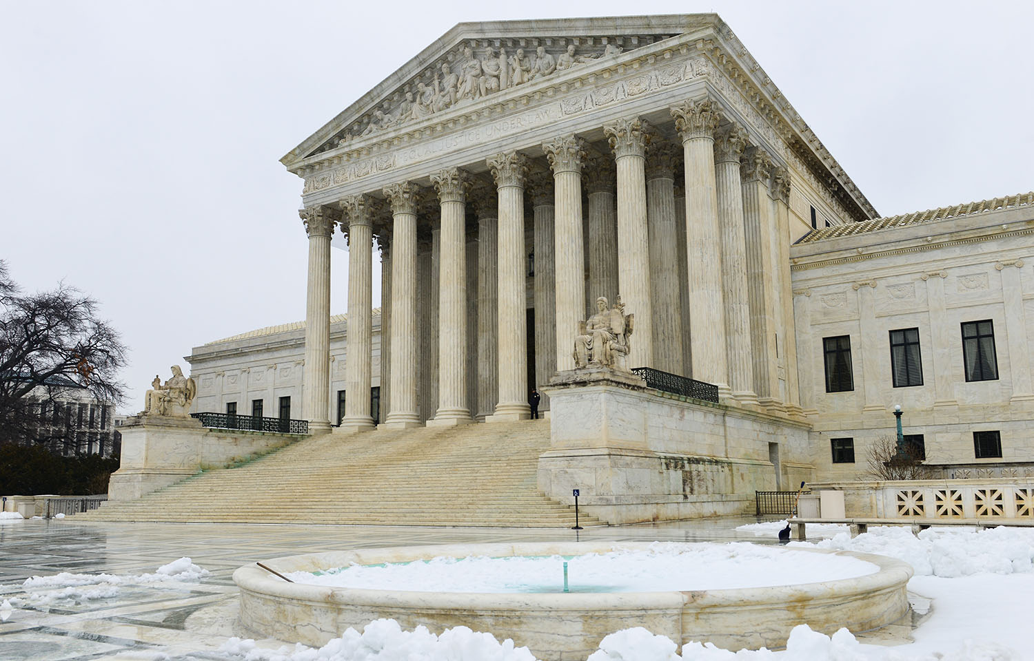 An exterior view of the U.S. Supreme Court building in winter