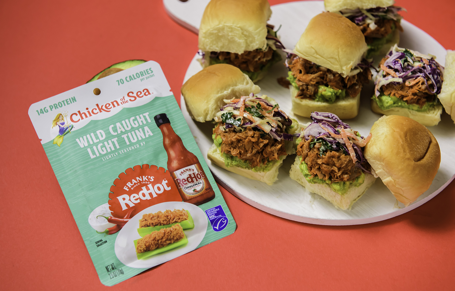 A promotional photo of a Chicken of the Sea tuna packet with Frank's hot sauce