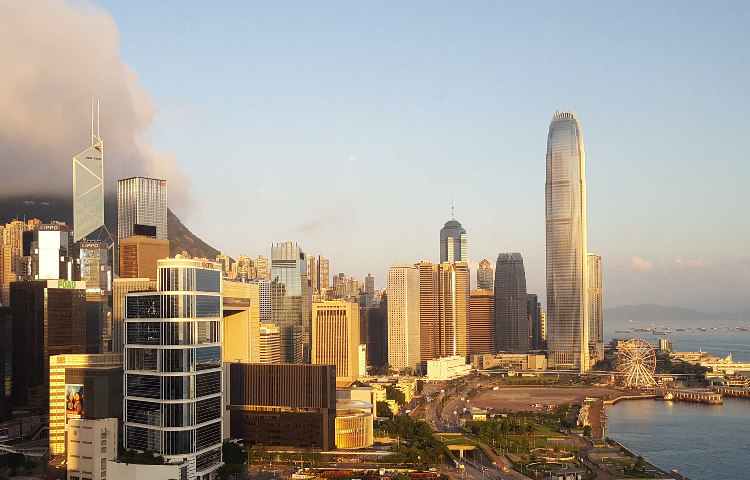 The Hong Kong skyline at sunrise