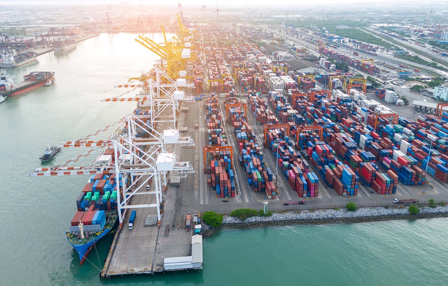 An aerial view of a cargo port in Shanghai, China