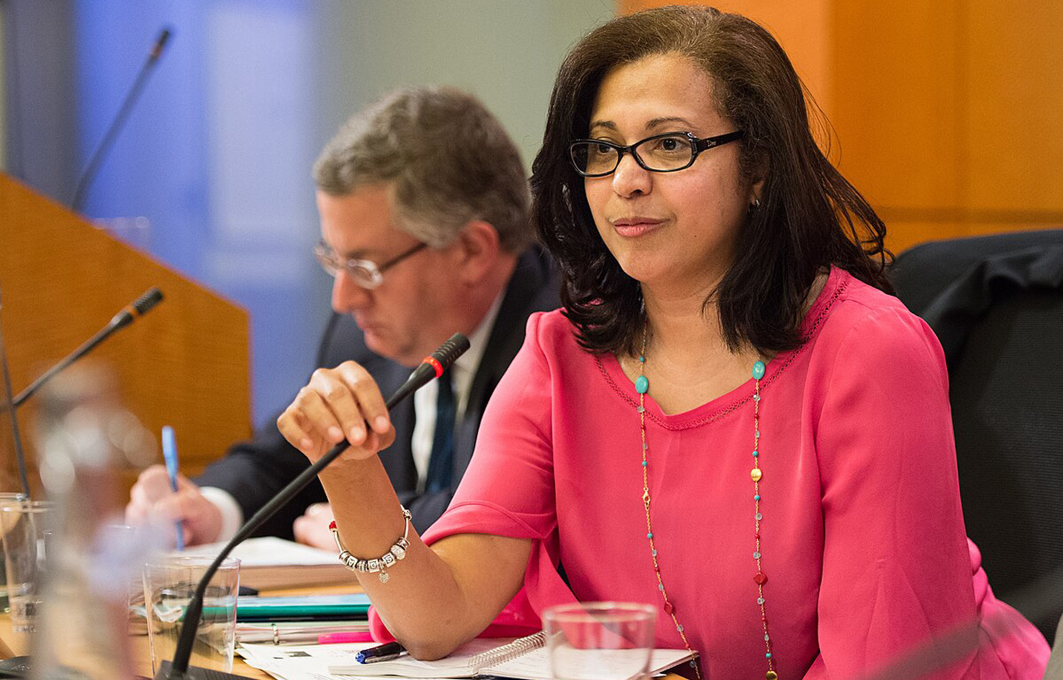 Marcia Eugenio speaking into a microphone at a congressional hearing