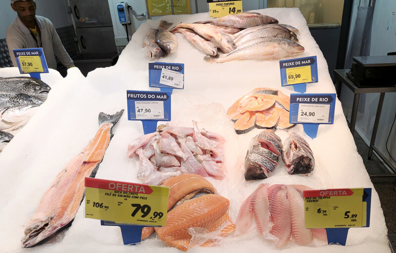 Fresh salmon on ice at a market in Sao Paolo, Brazil