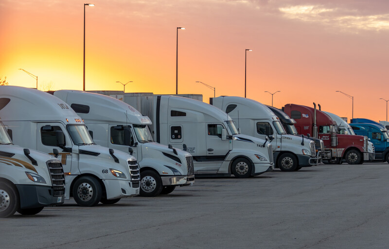 Dawn breaking on a busy truck stop in the U.S. state of Virginia