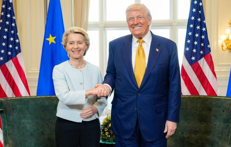 European Commission President Ursula von der Leyen shaking hands with U.S. President Donald Trump