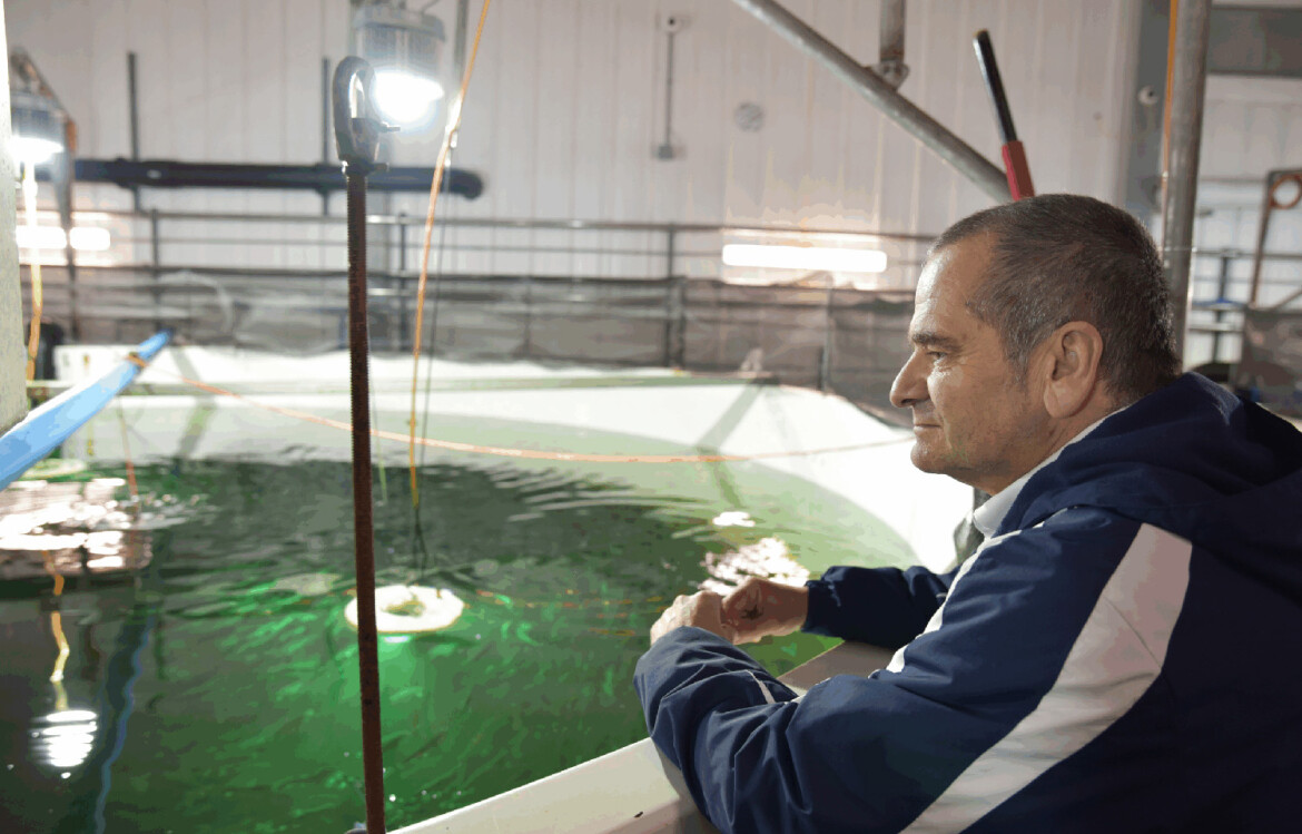 Atlantic Sapphire CEO Pedro Courard looking at one of the company's