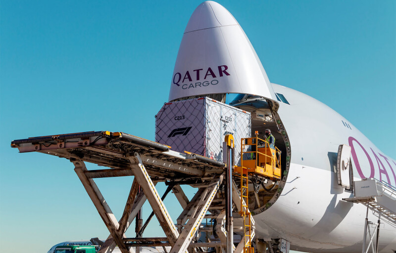 A Qatar cargo plane being loaded with freight