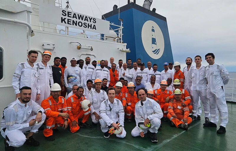 The crew of the La Pena after being rescued by the Seaways Kenosha
