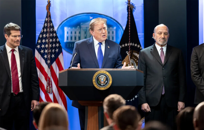 U.S. President Donald Trump at a press conference related to the Supreme Court's tariff ruling