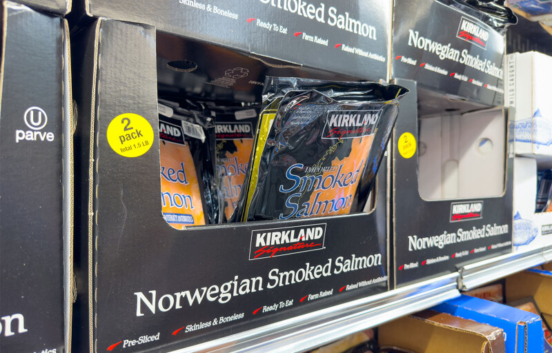 Kirkland branded Norwegian smoked salmon on shelves.