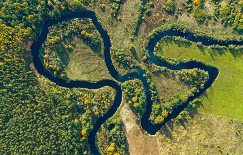 A river in Ireland winding around farmland
