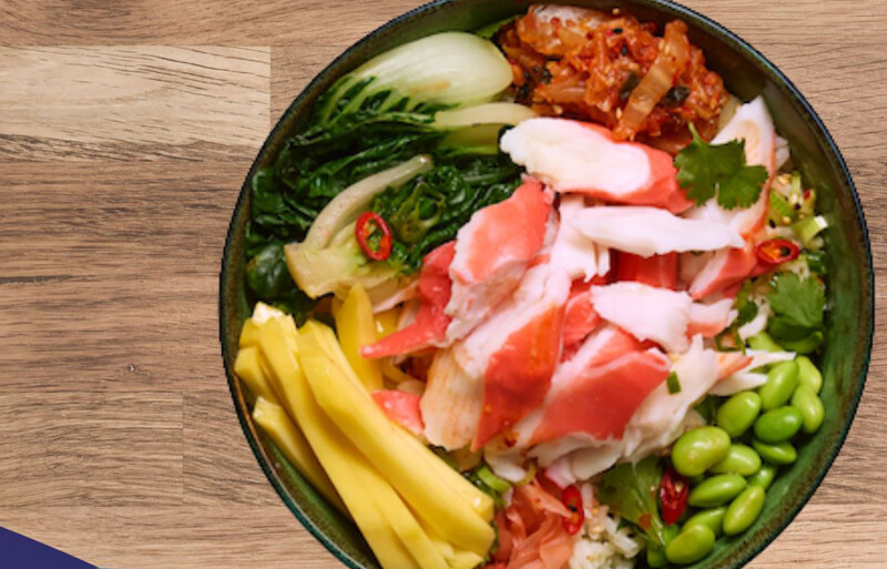 A bowl topped with surimi