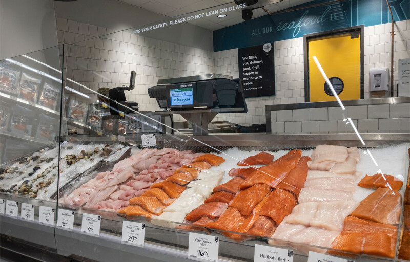 A seafood department display case