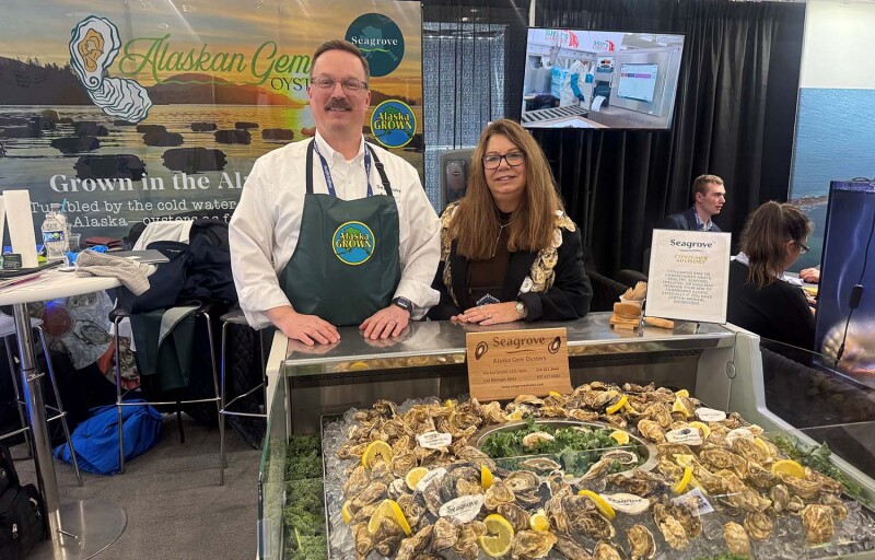 Seagrove CEO, Founder, and Director of Sales Markos Scheer (left) and Seagrove Alaska Sales and Logistics Lisa Rittinger (right) at Seafood Expo North America 2026.