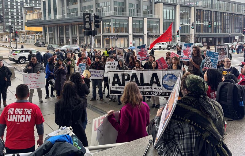 Members of the GLJ held a protest and vigil outside the Thomas M. Menino Exposition Building in Boston, Massachusetts at the 2026 Seafood Expo North America on 16 March