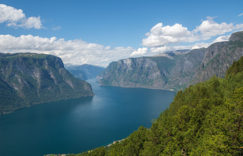 An aerial view of the Sognefjord in Norway, where Aller Aqua's salmon farm was located
