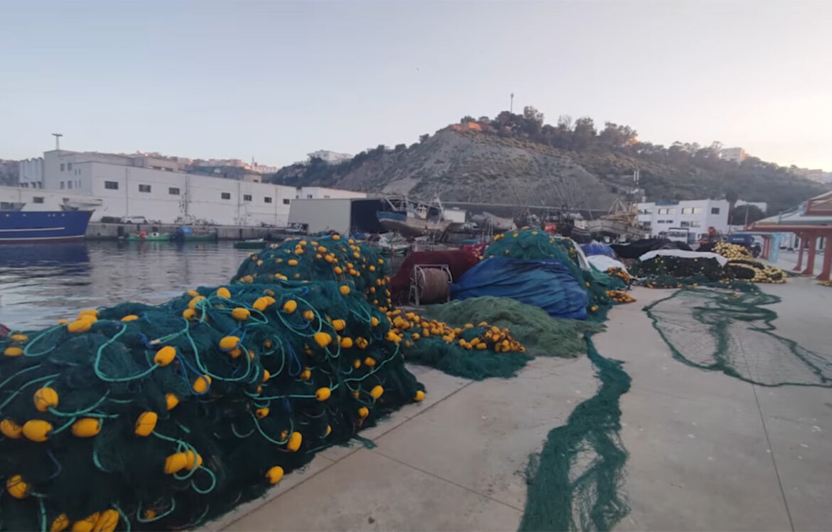 A driftnet being stored in the open in a Mediterranean port