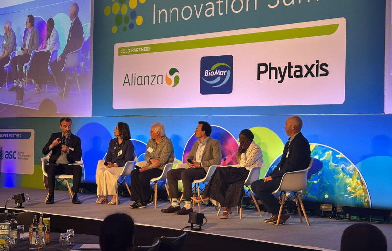 Panelists on stage during the “Mind the Innovation Gap: Building Blue Food Ecosystems for Breakthroughs” Blue Food Innovation Summit session